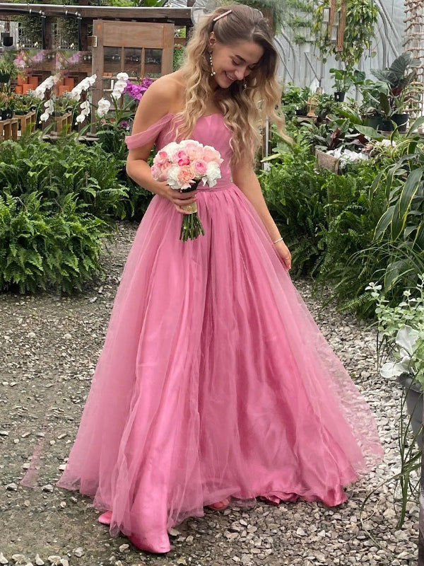 Lovely A-line Off Shoulder Tulle Pink Long Evening Prom Dresses, Backless Strapless Prom Dress, PM1035