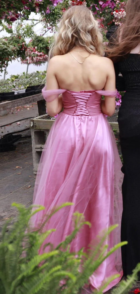 Lovely A-line Off Shoulder Tulle Pink Long Evening Prom Dresses, Backless Strapless Prom Dress, PM1035