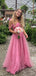 Lovely A-line Off Shoulder Tulle Pink Long Evening Prom Dresses, Backless Strapless Prom Dress, PM1035