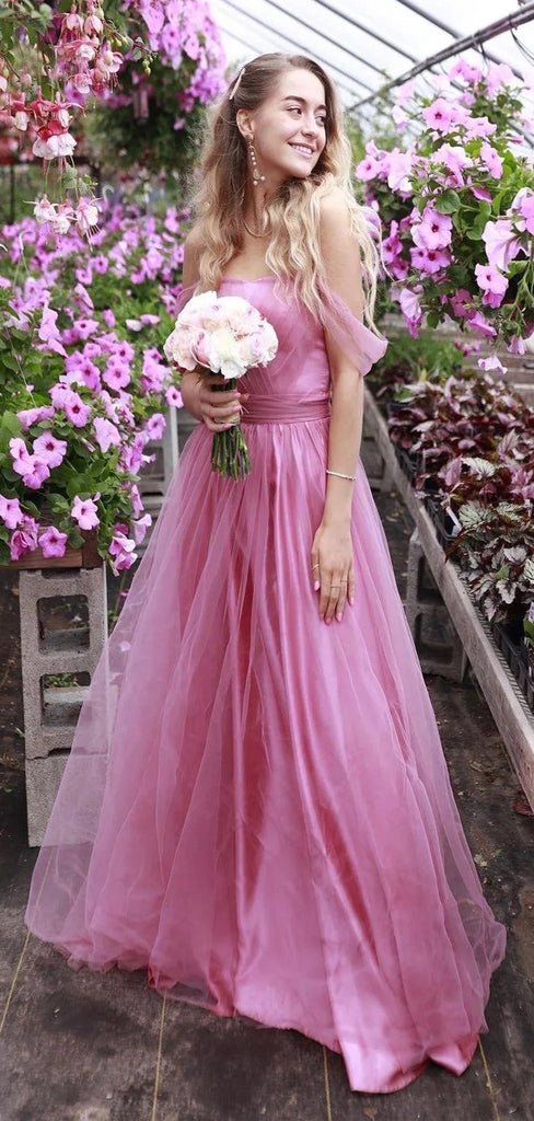 Lovely A-line Off Shoulder Tulle Pink Long Evening Prom Dresses, Backless Strapless Prom Dress, PM1035