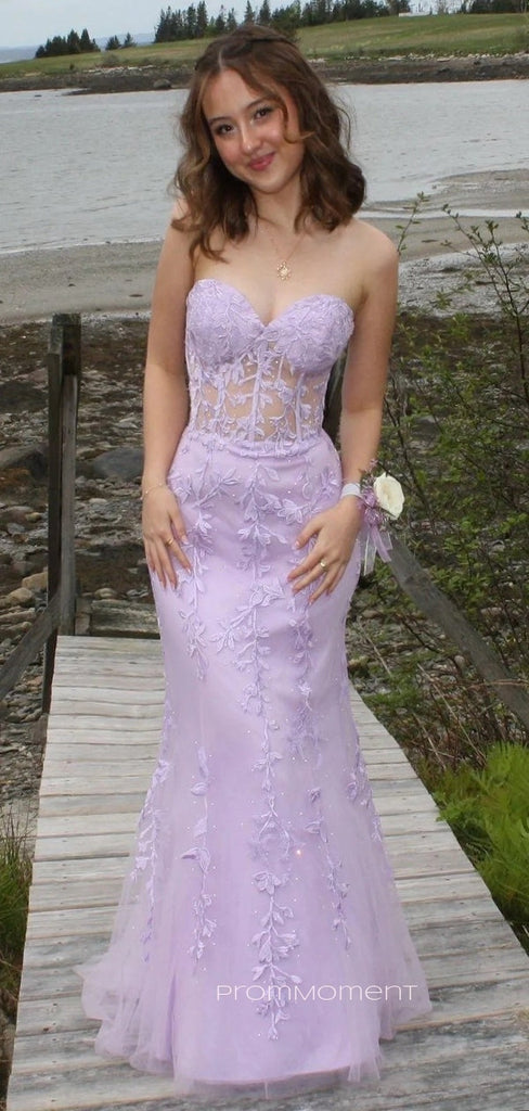 Elegant Strapless Sweetheart Purple Long Evening Prom Dresses, Mermaid Appliques See Through Backless Prom Dress, PM1036