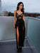 Sexy Deep V-neck Spaghetti Straps See Through Black Long Evening Prom Dresses, Black Side Silt Prom Dress, PM1037