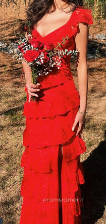 Unique Red V-neck Lace Straps Long Evening Prom Dresses, V-back Sleeveless Side Silt Prom Dress, PM1038