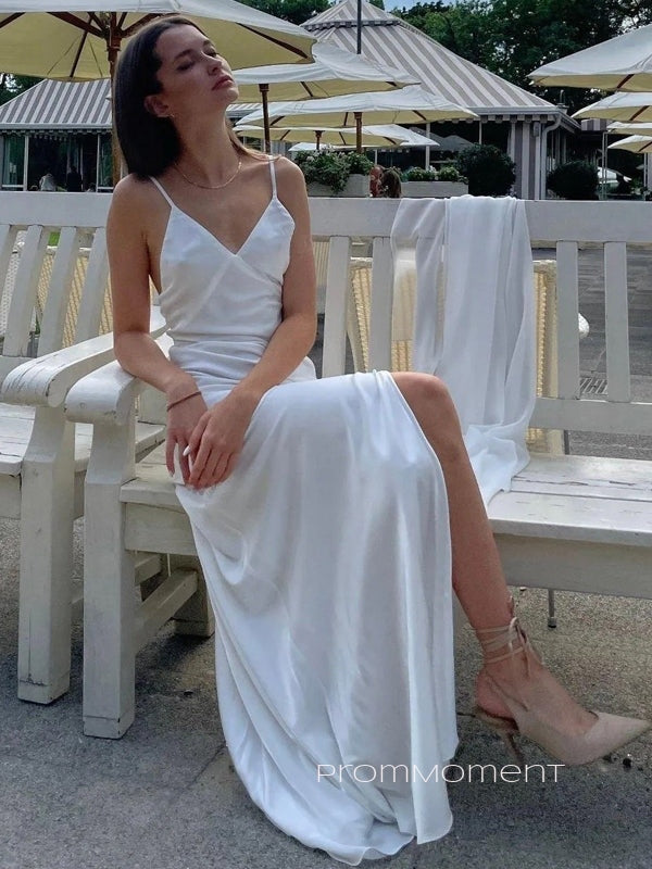 Simple V-neck Spaghetti Straps V-back Long Evening Prom Dresses, Side Slit White Satin Prom Dress, PM1039