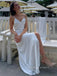 Simple V-neck Spaghetti Straps V-back Long Evening Prom Dresses, Side Slit White Satin Prom Dress, PM1039