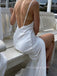 Simple V-neck Spaghetti Straps V-back Long Evening Prom Dresses, Side Slit White Satin Prom Dress, PM1039