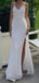 Simple V-neck Spaghetti Straps V-back Long Evening Prom Dresses, Side Slit White Satin Prom Dress, PM1039