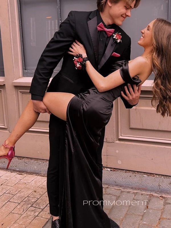 Black Satin Off Shoulder High Slit Long Evening Prom Dresses, Mermaid Backless Prom Dress, PM1043