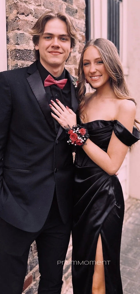 Black Satin Off Shoulder High Slit Long Evening Prom Dresses, Mermaid Backless Prom Dress, PM1043