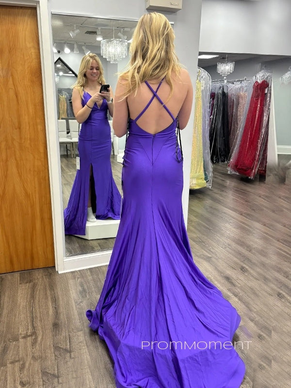 Sexy Deep V-neck Mermaid Side Slit Long Evening Prom Dresses, Purple Backless Floor-length Prom Dress, PM1045