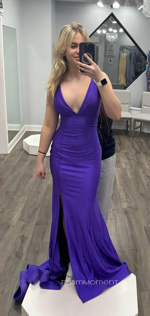 Sexy Deep V-neck Mermaid Side Slit Long Evening Prom Dresses, Purple Backless Floor-length Prom Dress, PM1045