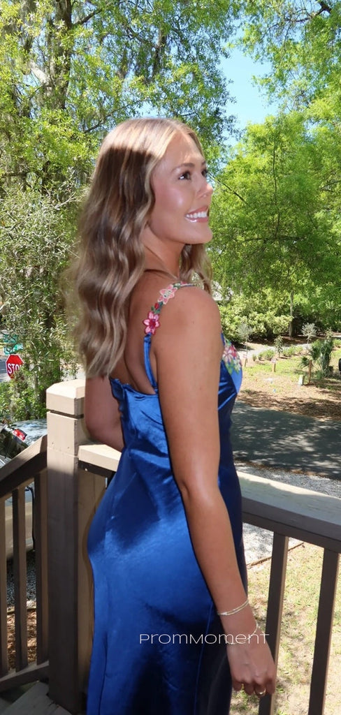 Satin Mermaid Spaghetti Straps Royal Blue Long Evening Prom Dresses, Sweetheart Backless Sleeveless Prom Dress, PM1047