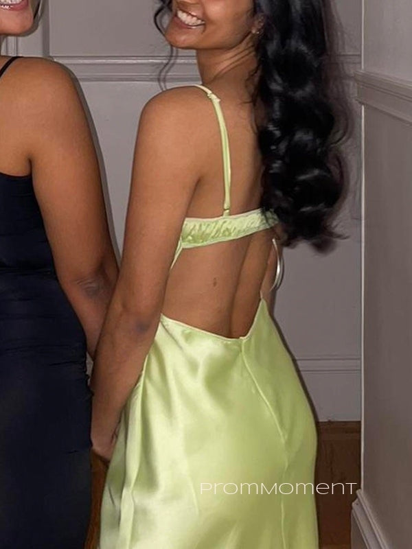 Simple Spaghetti Straps V-neck Yellow Satin Long Evening Prom Dresses, Backless Mermaid Sleeveless Prom Dress, PM1050