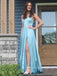 Beautiful A-line V-neck Side Slit Long Evening Prom Dresses, Spaghetti Straps Blue Satin Backless Prom Dress, PM1051