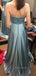 Beautiful A-line V-neck Side Slit Long Evening Prom Dresses, Spaghetti Straps Blue Satin Backless Prom Dress, PM1051