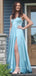 Beautiful A-line V-neck Side Slit Long Evening Prom Dresses, Spaghetti Straps Blue Satin Backless Prom Dress, PM1051