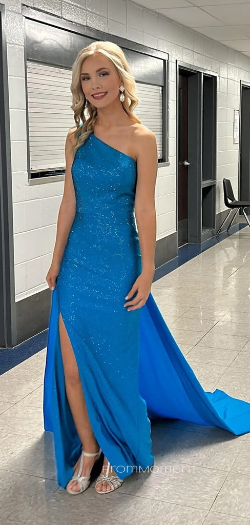 Sparkly One Shoulder Side Slit Mermaid Long Evening Prom Dresses, Sleeveless Backless Floor-length Prom Dress, PM1052