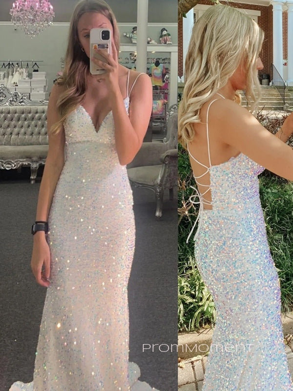 Sequins Spaghetti Straps Deep V-neck Mermaid Long Evening Prom Dresses, Sparkly Backless Floor-length Wedding Dress, PM1053