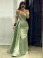 Formal Off Shoulder Sheath Satin V-neck Long Evening Prom Dresses, Mermaid Backless Green Prom Dress, PM1055