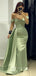 Formal Off Shoulder Sheath Satin V-neck Long Evening Prom Dresses, Mermaid Backless Green Prom Dress, PM1055