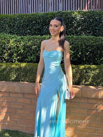 Simple Spaghetti Straps Mermaid High Slit Long Evening Prom Dresses, Satin Sleeveless Backless Prom Dress, PM1056