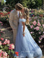 Beautiful Off Shoulder Tulle A-line Long Evening Prom Dresses, V-neck Floor-length Blue Prom Dress, PM1037