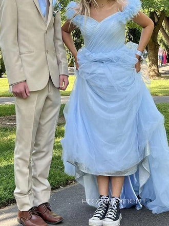 Beautiful Off Shoulder Tulle A-line Long Evening Prom Dresses, V-neck Floor-length Blue Prom Dress, PM1037