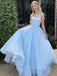 Lovely A-line Spaghetti Straps Long Evening Prom Dresses, Backless Sleeveless Blue Sparkly Prom Dress, PM1038