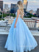 Lovely A-line Spaghetti Straps Long Evening Prom Dresses, Backless Sleeveless Blue Sparkly Prom Dress, PM1038