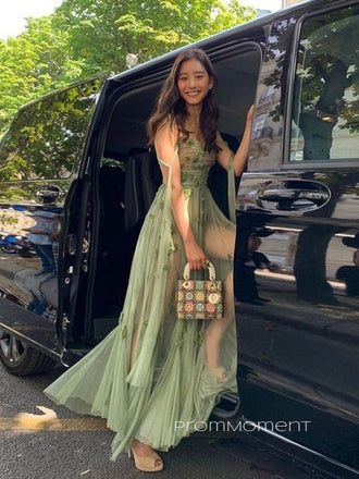 A-line Tulle See Through Long Evening Prom Dresses, Backless Sleeveless Off Shoulder Prom Dress, PM1039