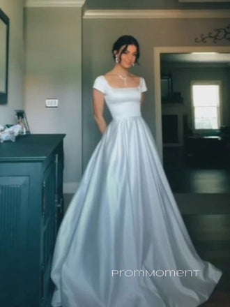 Beautiful A-line V-back Satin Long Evening Prom Dresses, Floor-length Elegant White Wedding Dress, PM1062