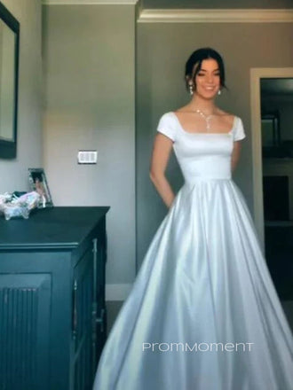 Beautiful A-line V-back Satin Long Evening Prom Dresses, Floor-length Elegant White Wedding Dress, PM1062