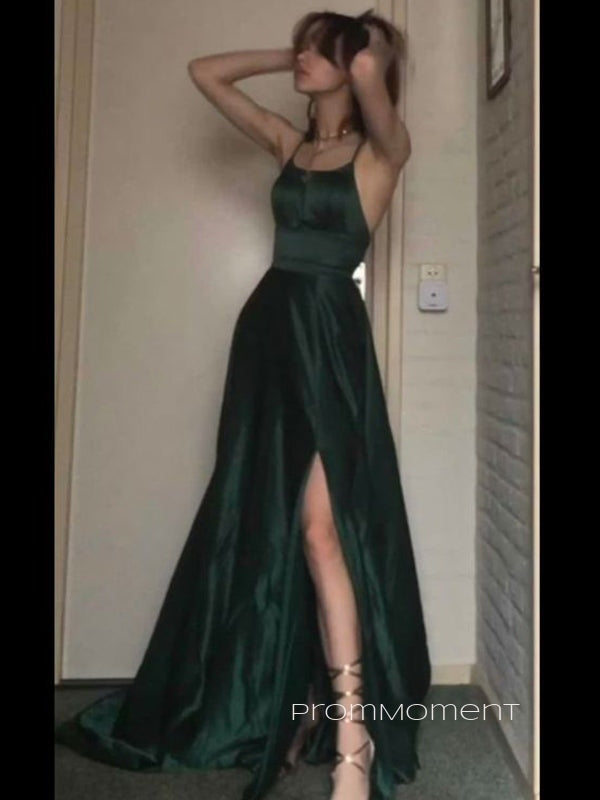 A-line Spaghetti Straps Side Slit Long Evening Prom Dresses, Backless Satin Dark Green Sleeveless Prom Dress, PM1061 (Copy)