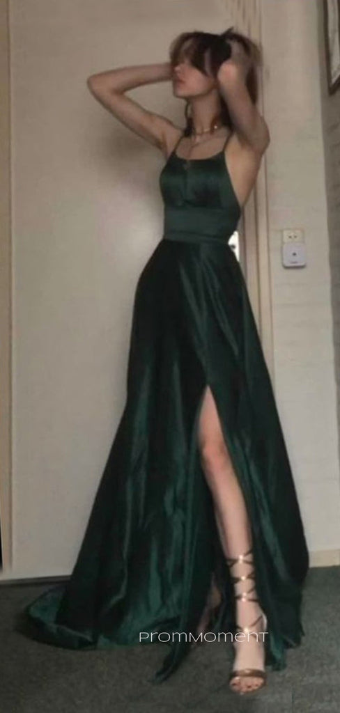 A-line Spaghetti Straps Side Slit Long Evening Prom Dresses, Backless Satin Dark Green Sleeveless Prom Dress, PM1061 (Copy)