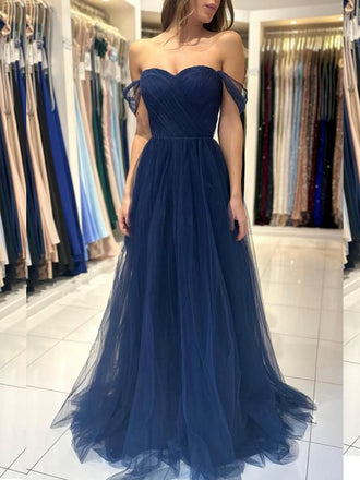 Off Shoulder Navy Blue Tulle Long Evening Prom Dresses, A-line Prom Dress, PM1065