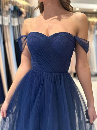 Off Shoulder Navy Blue Tulle Long Evening Prom Dresses, A-line Prom Dress, PM1065
