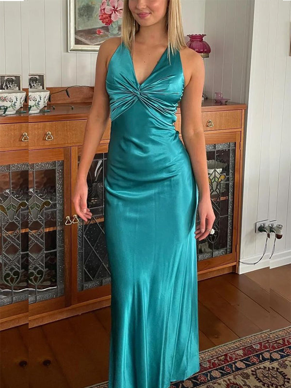 V-neck Satin Mermaid Long Evening Prom Dresses, Backless Prom Dress, PM1066