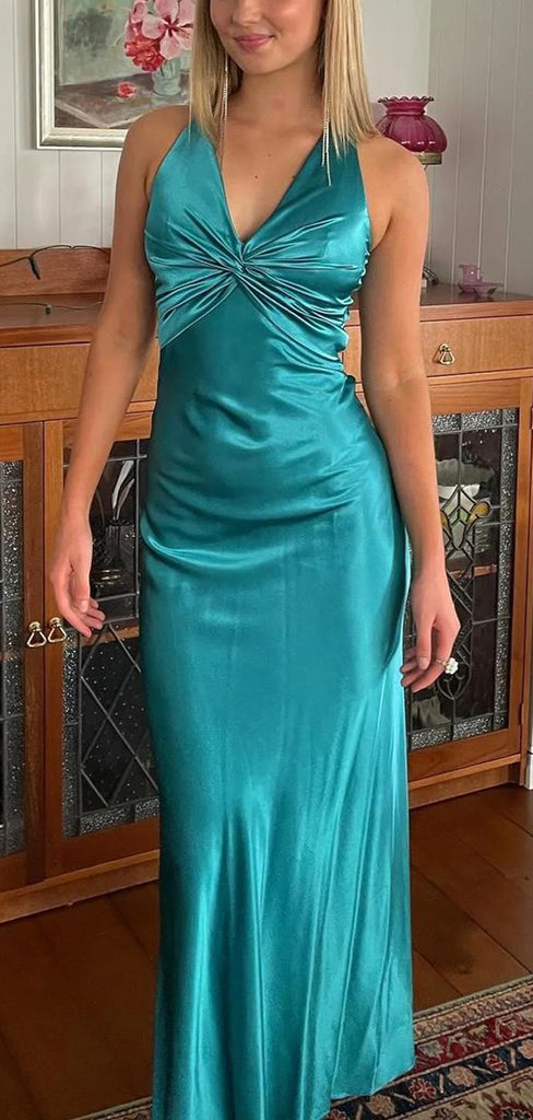 V-neck Satin Mermaid Long Evening Prom Dresses, Backless Prom Dress, PM1066