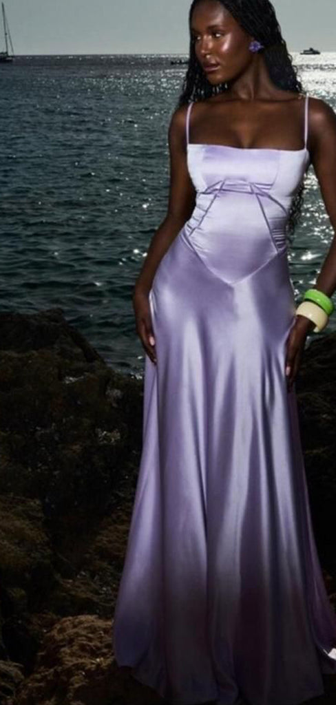 Formal Purple Satin Spaghetti Straps Long Evening Prom Dresses, PM1068