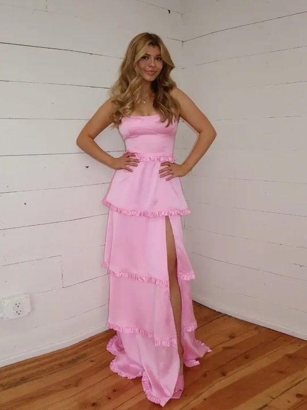 Lovely Pink Satin Spaghetti Straps Side Slit Long Evening Prom Dresses, PM1069