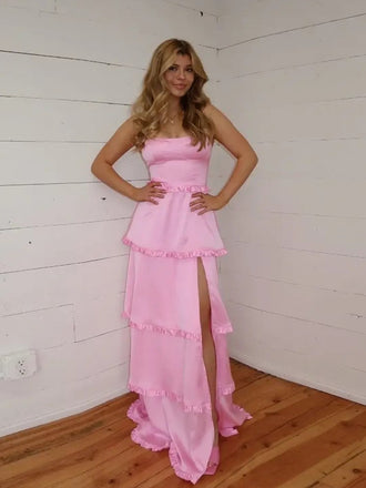 Lovely Pink Satin Spaghetti Straps Side Slit Long Evening Prom Dresses, PM1069