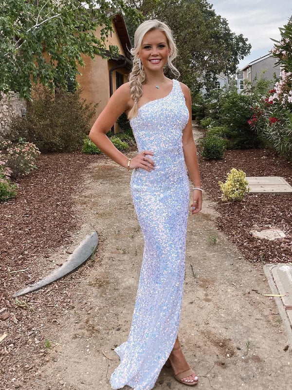 Sparkly Mermaid One Shoulder Sequins Long Evening Prom Dresses, PM1072