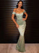 Off Shoulder Sage Green Satin Mermaid Long Evening Prom Dresses, PM1073