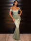 Off Shoulder Sage Green Satin Mermaid Long Evening Prom Dresses, PM1073