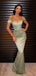 Off Shoulder Sage Green Satin Mermaid Long Evening Prom Dresses, PM1073