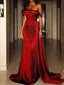 Formal Off Shoulder Red Satin Long Evening Prom Dresses, PM1074