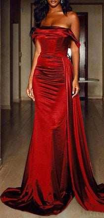 Formal Off Shoulder Red Satin Long Evening Prom Dresses, PM1074