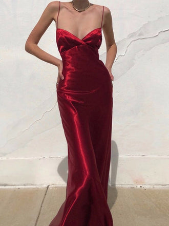 Gorgeous Red Satin Spaghetti Straps Long Evening Prom Dresses, PM1077