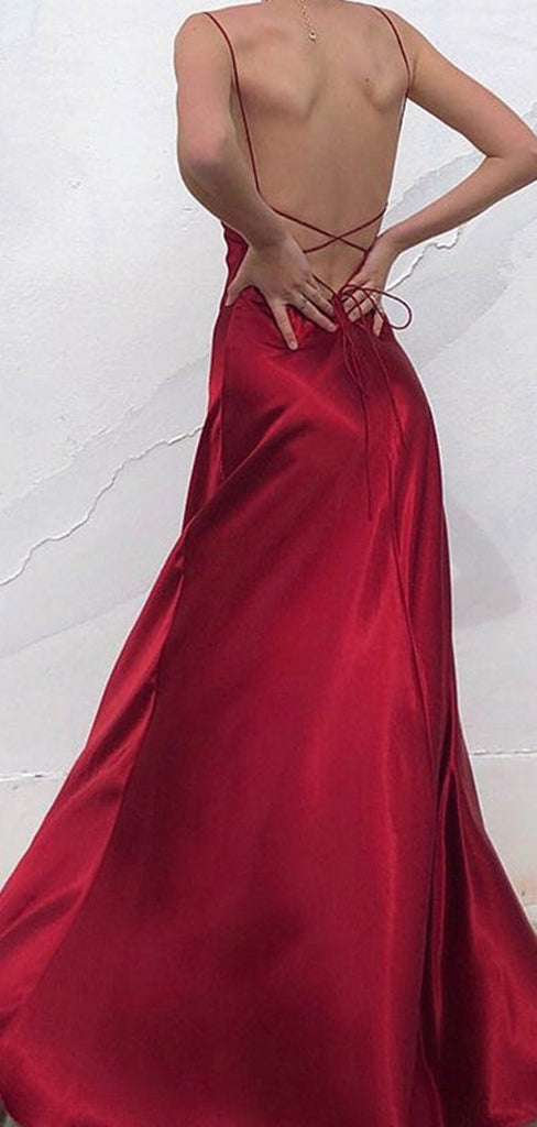 Gorgeous Red Satin Spaghetti Straps Long Evening Prom Dresses, PM1077