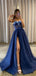 High Slit Royal Blue Tulle Sparkly A-line Long Evening Prom Dresses, PM1079